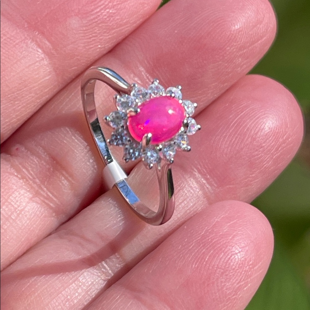 NWT Natural Pink Opal 7X5mm with CZ Accent Ring 925 Silver Ring Size 8